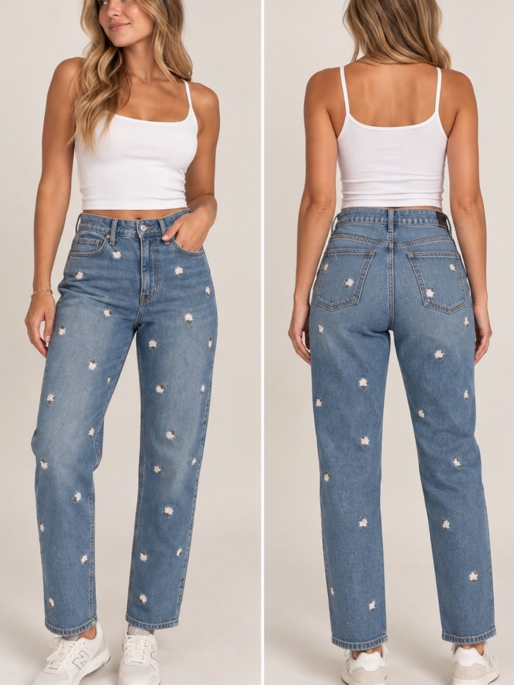 Hollister Blue Straight-Leg Jeans with White Daisy Embroidery